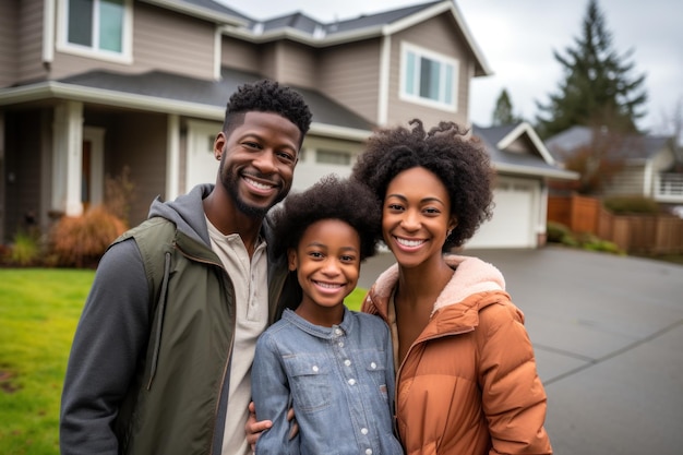 Familia afroamericana frente a la propiedad de la casa recién comprada sonríe con orgullo