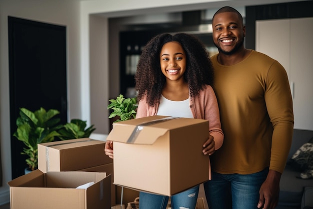 Familia afroamericana mudándose y desempacando cajas en la nueva casa