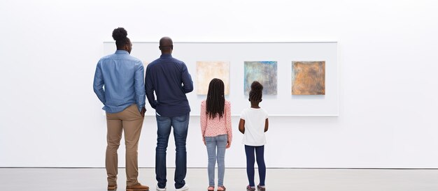 Foto familia afroamericana observando pinturas en la galería de arte moderno vista trasera mínima