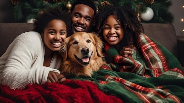 Una familia afroamericana con un perro golden retriever cubierto con una manta