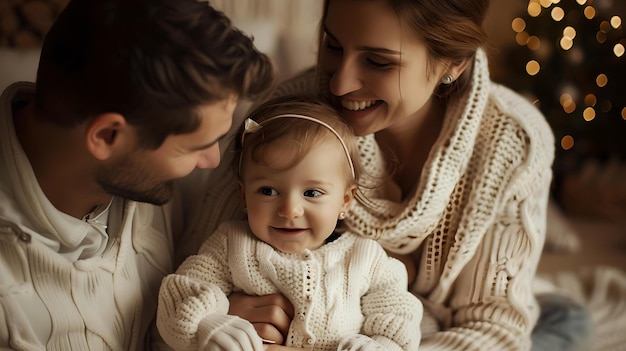 Familia alegre abrazando al bebé durante la temporada de vacaciones atmósfera acogedora en el hogar con decoración navideña padres amorosos con IA del bebé