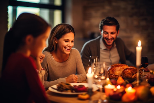 Familia alegre en la cena de Acción de Gracias Ilustración AI GenerativexA