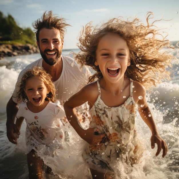 Família alegre correndo e pulando na espuma do mar