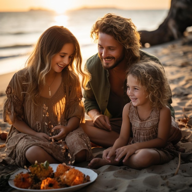 Família alegre, desfrutando de um piquenique na costa arenosa