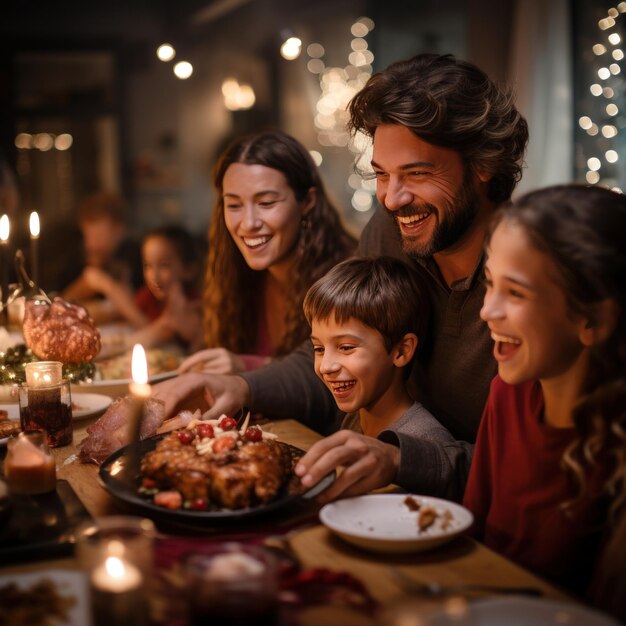 Una familia alegre disfrutando de un banquete en la mesa con decoraciones navideñas