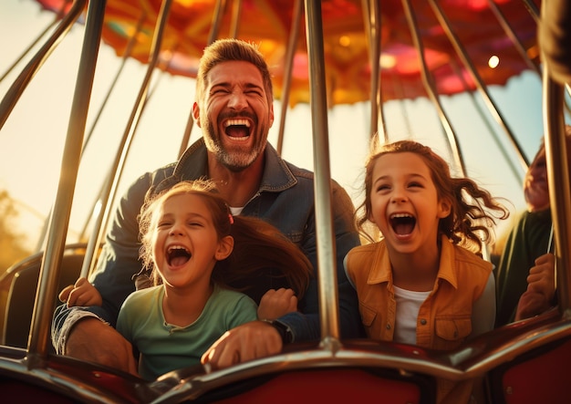 Una familia alegre disfrutando de un paseo en noria en el carnaval