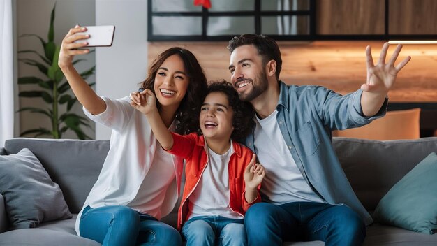 Foto familia alegre divirtiéndose mientras se toman selfies con el touchpad en casa