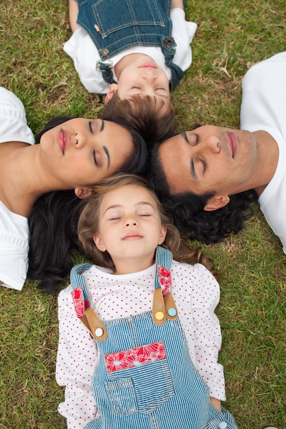 Família alegre dormindo deitado na grama