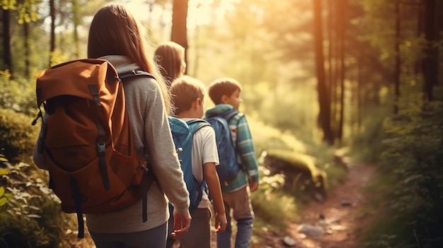 Una familia alegre fue de excursión en el desierto con mochilas Generative Ai