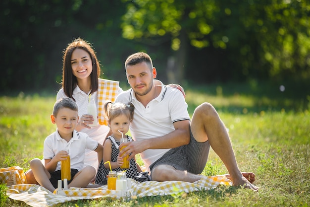 Familia alegre haciendo un picnic. Padres cenando con sus hijos al aire libre.