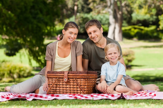 Familia alegre, ir de picnic, en el parque