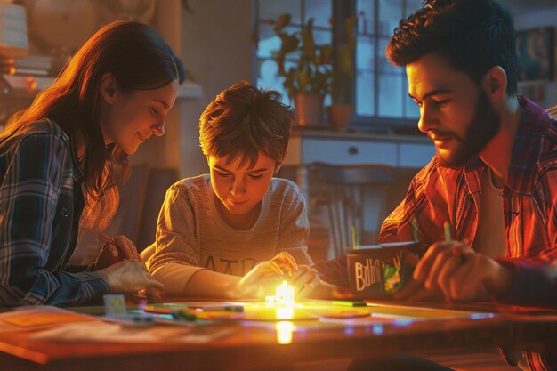 Foto familia alegre jugando juegos de mesa