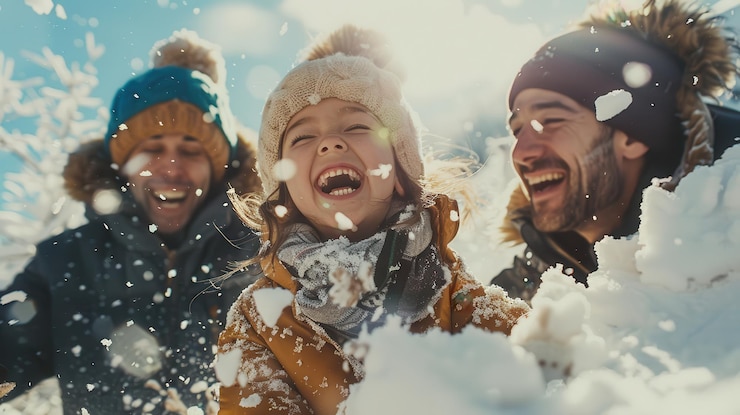Familia alegre jugando en la nieve disfrutando de la diversión y las risas del invierno
