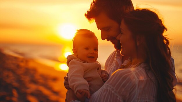 Una familia alegre juntos padres con su pequeño bebé disfrutando de un momento de puesta de sol