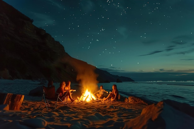 Una familia alegre se reúne alrededor de una fogata en la playa asando malvaviscos y compartiendo historias bajo el s