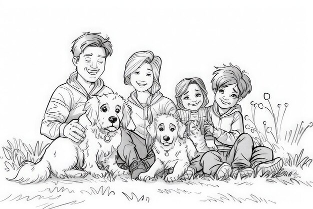Foto una familia alegre sentada en la hierba con sus queridos perros tomando el sol