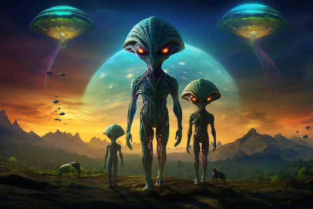 Família alienígena amigável visitando a Terra