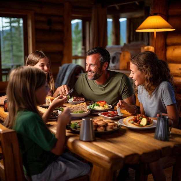 Foto familia almorzando en la mesa de la cabina