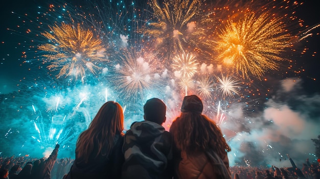 Família americana unida em admiração assistindo a fogos de artifício deslumbrantes no 4 de julho O céu noturno em chamas com cores vibrantes Coração acalorada cena de união Noite iluminada AI Generative