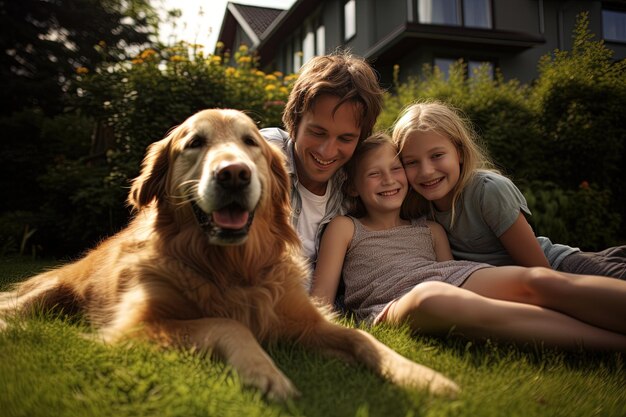 Família amigável e alegre de pais com filhos e um cão estávamos relaxando no verão AI