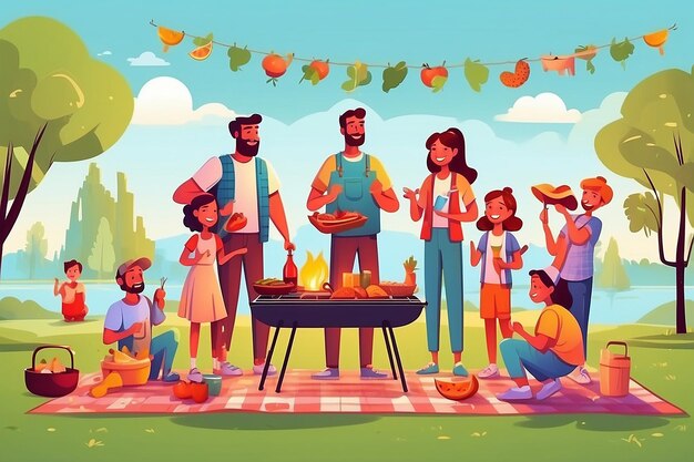 Família amigável em ilustração de piquenique homens alegres mulheres e crianças em design de ilustração de festa de BBQ