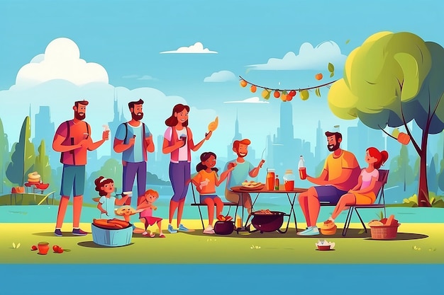 Família amigável em ilustração de piquenique homens alegres mulheres e crianças em design de ilustração de festa de BBQ