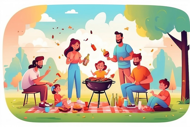 Família amigável em ilustração de piquenique homens alegres mulheres e crianças em design de ilustração de festa de BBQ