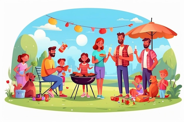 Família amigável em ilustração de piquenique homens alegres mulheres e crianças em design de ilustração de festa de BBQ