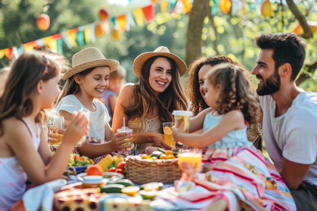 Familia y amigos reunidos fuera de su casa en unas vacaciones de verano de verano cálido