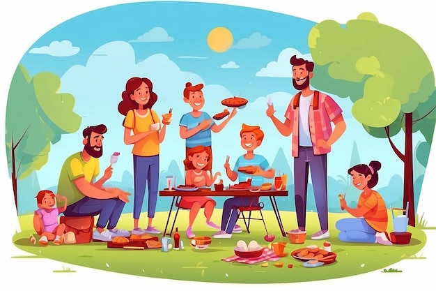 Familia amistosa en la ilustración de picnic hombres alegres mujeres y niños en el diseño de ilustración del BBQ