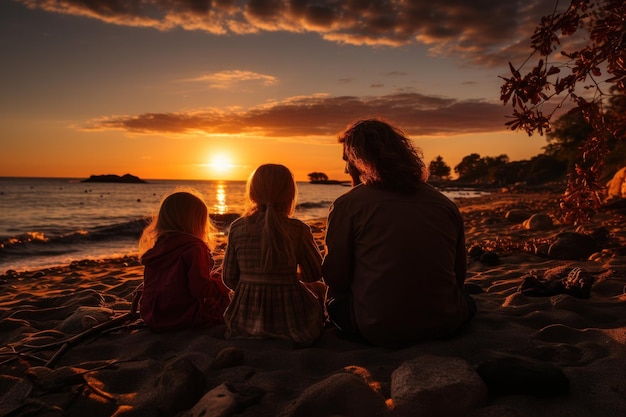 Família amorosa abraçando e assistindo o pôr do sol na praia