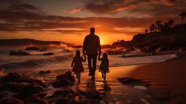 Família amorosa abraçando e assistindo o pôr do sol na praia