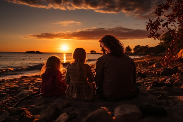 Familia amorosa abrazándose y viendo la puesta de sol en la playa