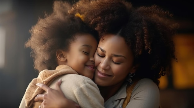 Família amorosa e afetuosa jovem mãe afro-americana abraçando filha pequena e fofa mãe negra mãe adotiva abraçando criança pequena de raça mista abraçando e se unindo com os olhos fechados