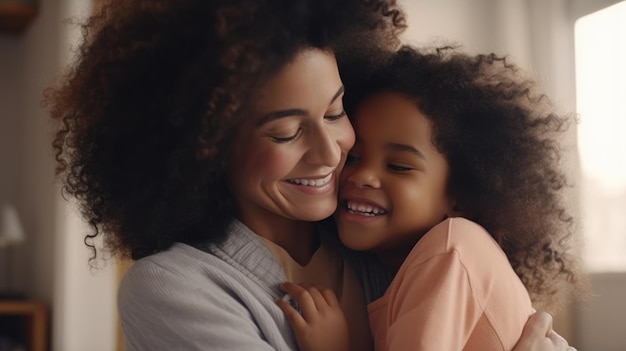 Família amorosa e afetuosa jovem mãe afro-americana abraçando filha pequena e fofa mãe negra mãe adotiva abraçando criança pequena de raça mista abraçando e se unindo com os olhos fechados