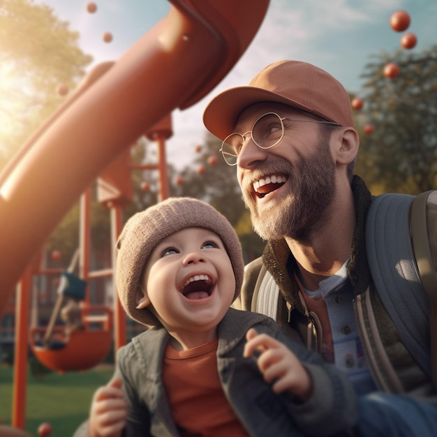 Foto família amorosa feliz pai e seu filho criança brincando e abraçando ao ar livre