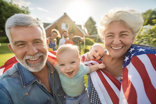 familia con ancianos y bebé sostiene la bandera estadounidense celebración de la barbacoa 4 de julio Día de la Independencia