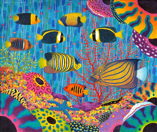 Família angelfish em recife de coral colorido de vida marinha pintura acrílica original sobre sapaper