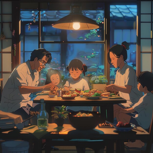 Una familia animada compartiendo una cálida y alegre comida juntos