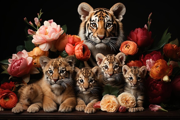 Familia de animales tigre lindo en el fondo de la flor ilustración generativa ai