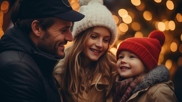 Foto família aproveitando a decoração e luzes de natal