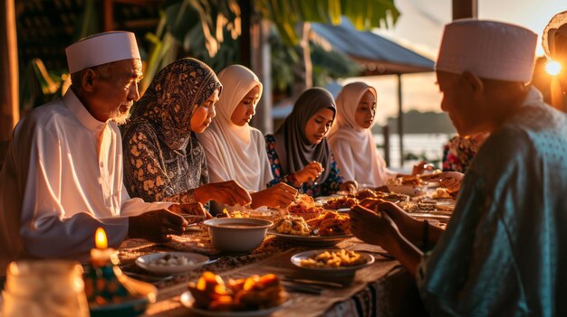 Foto família árabe comendo iftar no ramadão. quebra de jejum durante o ramadão
