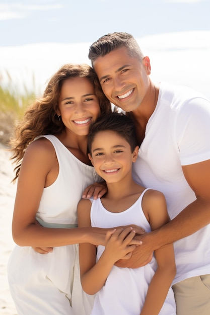 Família Arafed posando para uma foto na praia