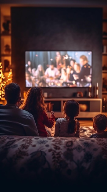 família araffe assistindo televisão na sala de estar com árvore de natal generativa ai