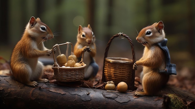 Una familia de ardillas listadas recolectando nueces para el invierno generada por IA