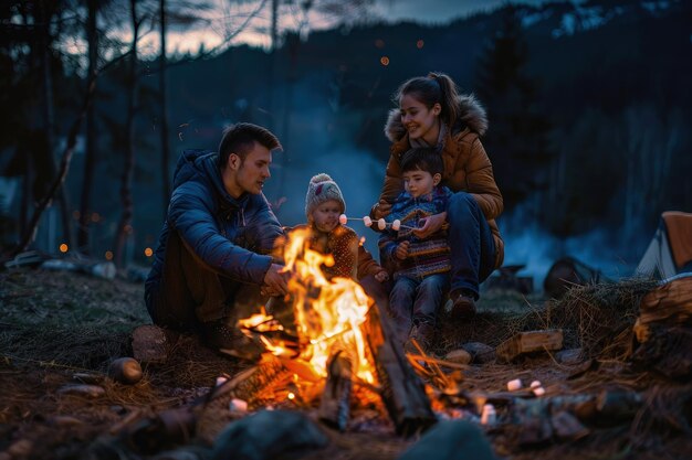 Una familia asando marshmallows sobre una fogata