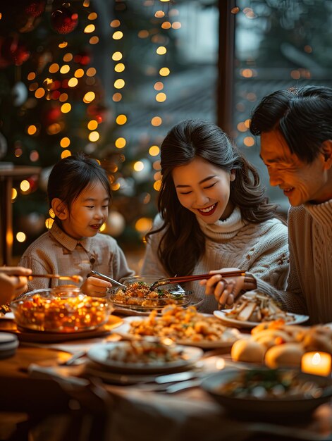 Família asiática a jantar de Natal.