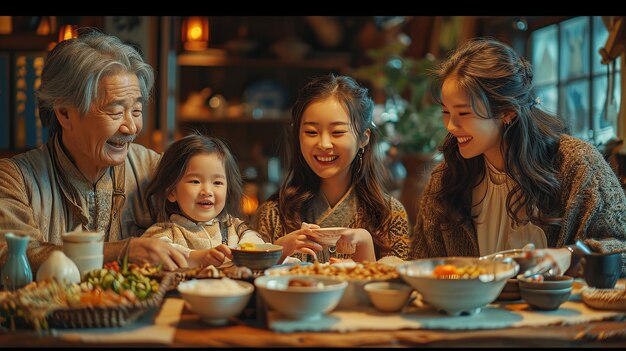 Família asiática a jantar de Natal.