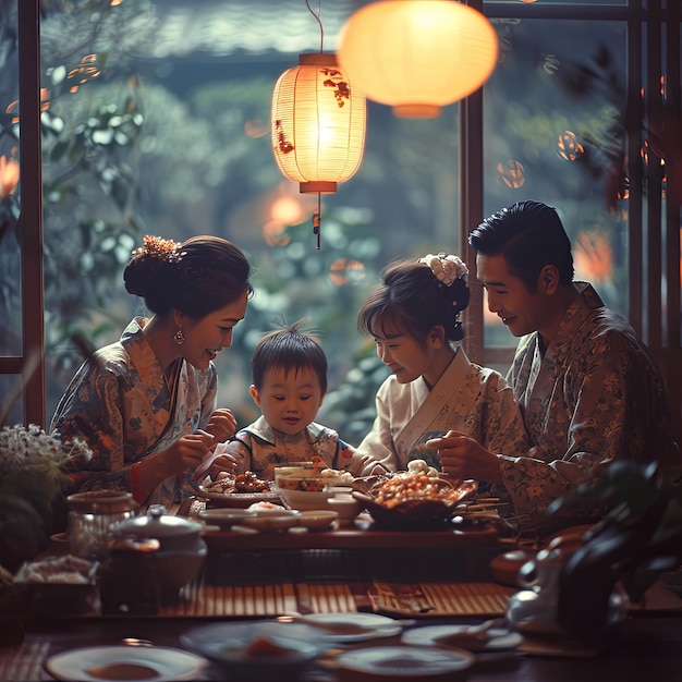 Família asiática a jantar de Natal.