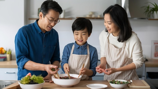 Familia asiática cocinando juntos